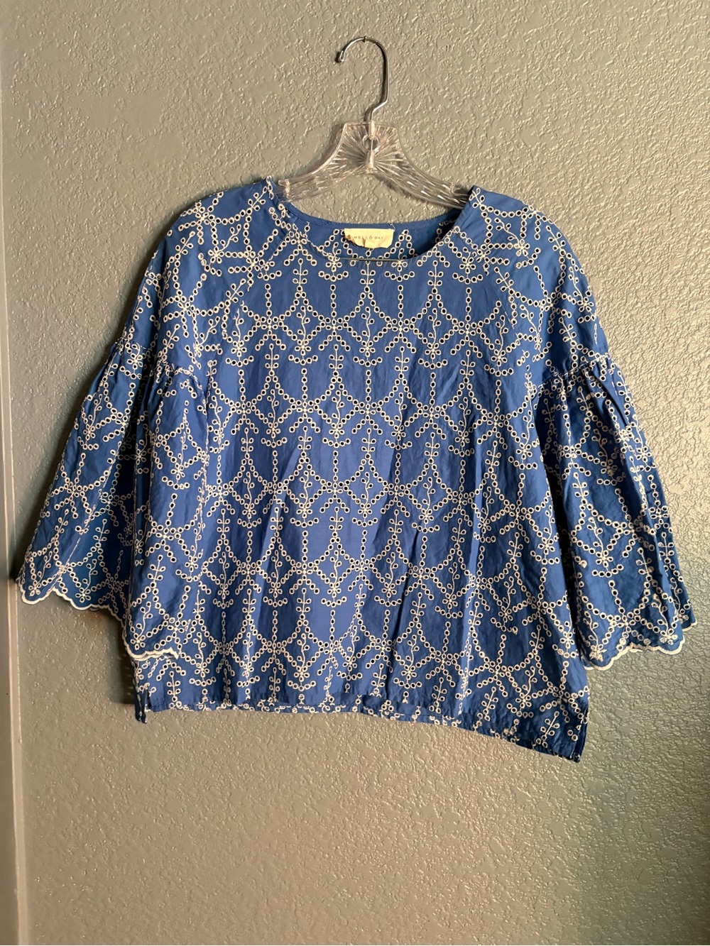 Blue Eyelet Embroidered Women's Top Cotton Bell Sleeve